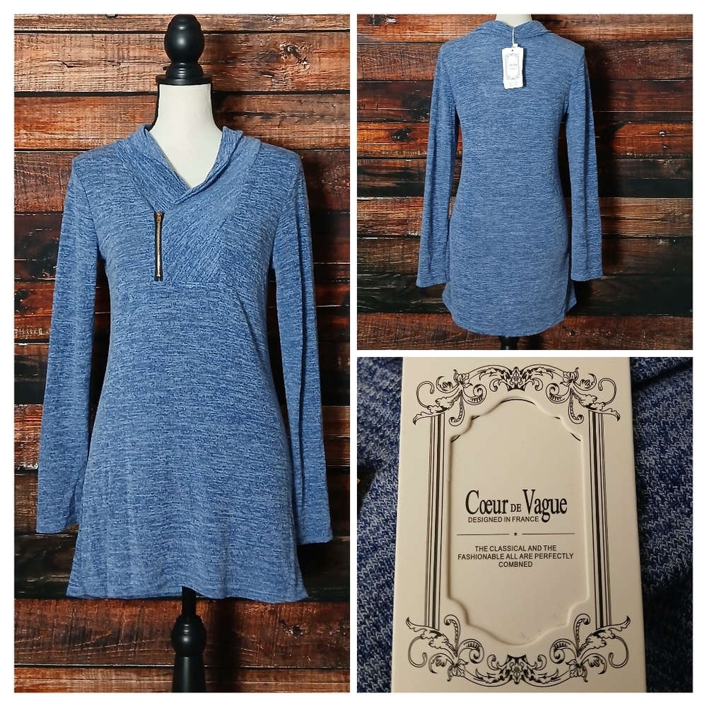 NWT Coeur De Vague Tunic Top L Soft Knit Heathered Blue Cowl Neck Zipper